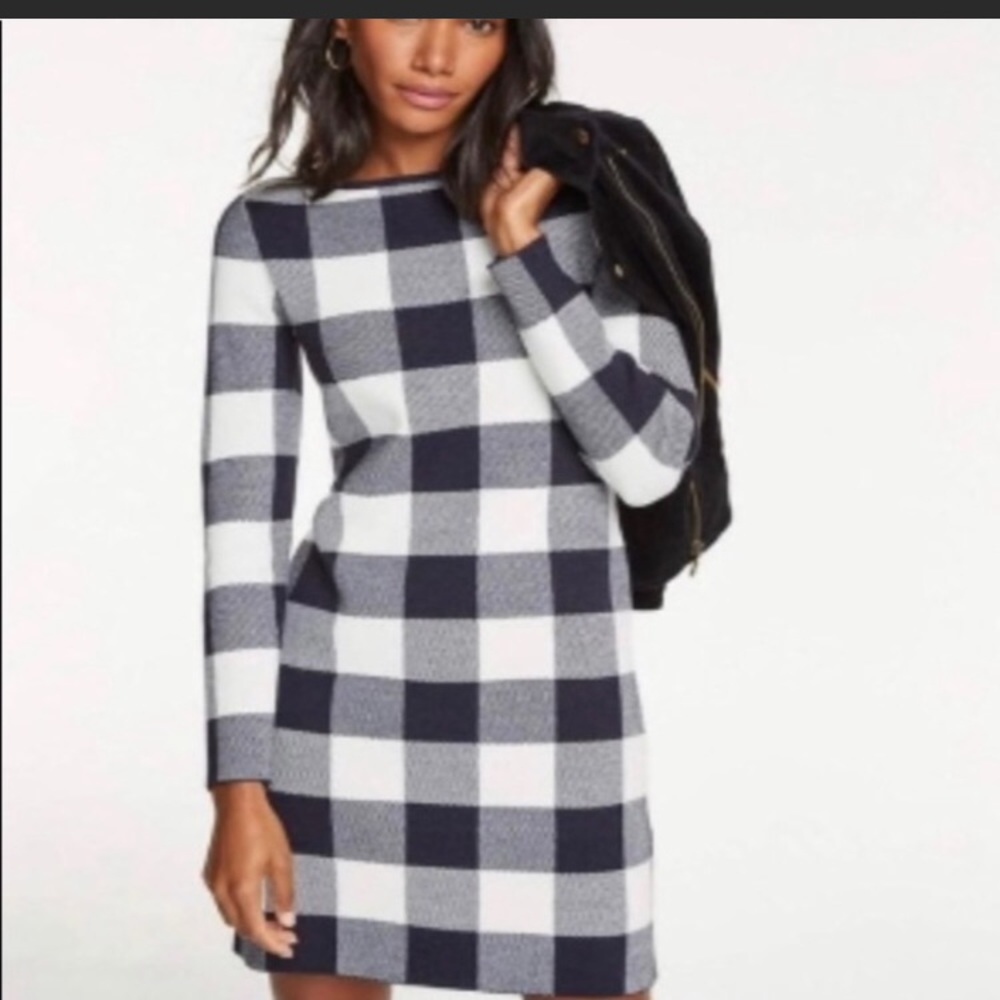 Ann Taylor Black and White Plaid Long Sleeve Dress